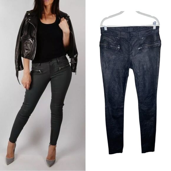 Rare! RtA Lambskin Leather Black Jeans Skinny Mid Waist Zip Pants Size 28 - Picture 1 of 11